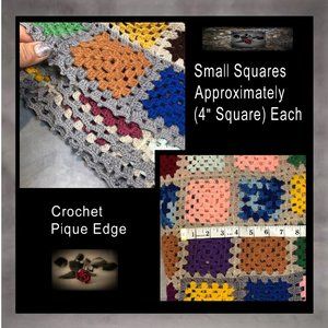 🍂 Vintage Hand Crochet Granny Square Afghan Pink, Blue, Green, Gold & Other